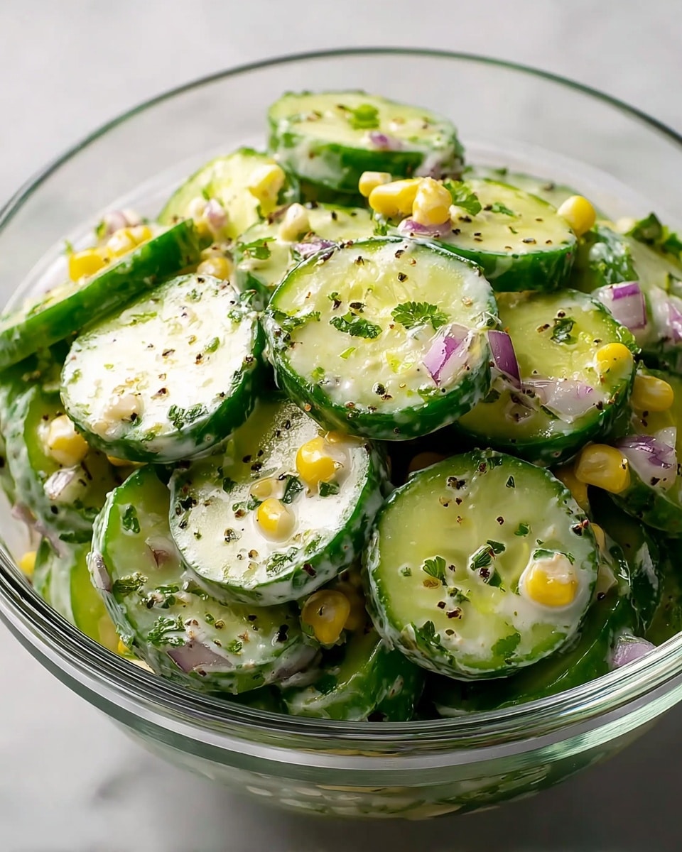 A clear glass bowl filled with a fresh cucumber salad showing about three layers of thick, round cucumber slices that are a vibrant green with smooth skin and pale, seeded centers. Mixed within and on top of these cucumber layers are bright yellow corn kernels and small, chopped pieces of purple onion, all coated in a creamy white dressing speckled with bits of green herbs and black pepper. The salad looks moist and slightly glossy with visible herbs scattered evenly throughout, placed on a white marbled surface. photo taken with an iphone --ar 4:5 --v 7