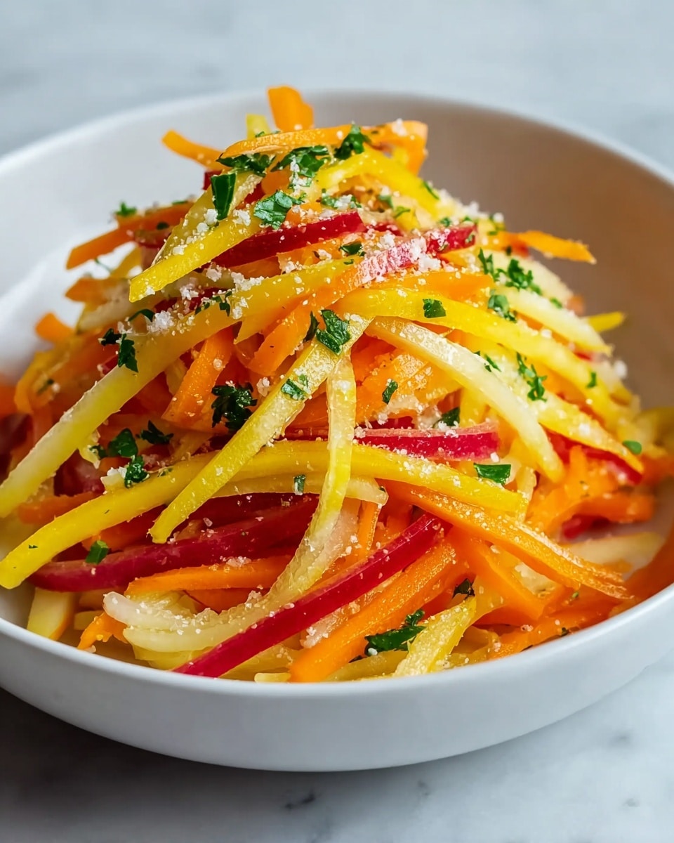 A white bowl holds a colorful salad with three visible layers of thin strips. The bottom layer is made of orange carrot sticks, the middle layer includes yellow strips of bell pepper, and the top layer shows red and white strips of apple. Small green parsley bits are scattered throughout the salad, along with tiny white granules that look like salt or cheese, adding texture. The bowl is placed on a white marbled surface. photo taken with an iphone --ar 4:5 --v 7