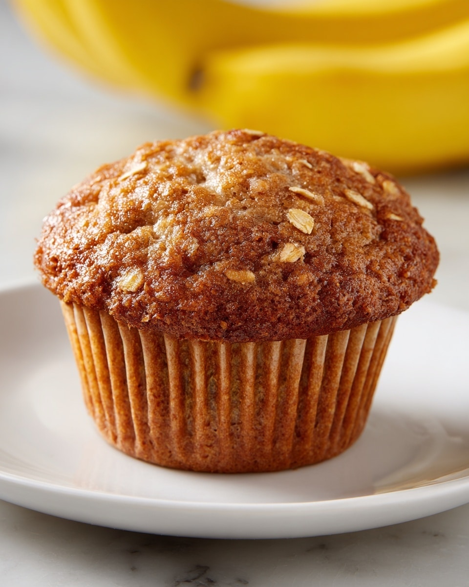 A single muffin with a golden brown color sits on a white plate, showing a soft and crumbly texture. The muffin top is rough with visible oats embedded, giving it a slightly crunchy appearance. The lower part is smooth with vertical ridges from the baking paper cup, a warm light brown shade. The background shows blurred yellow bananas, adding a soft contrast to the muffin. The scene is set on a white marbled surface. photo taken with an iphone --ar 4:5 --v 7