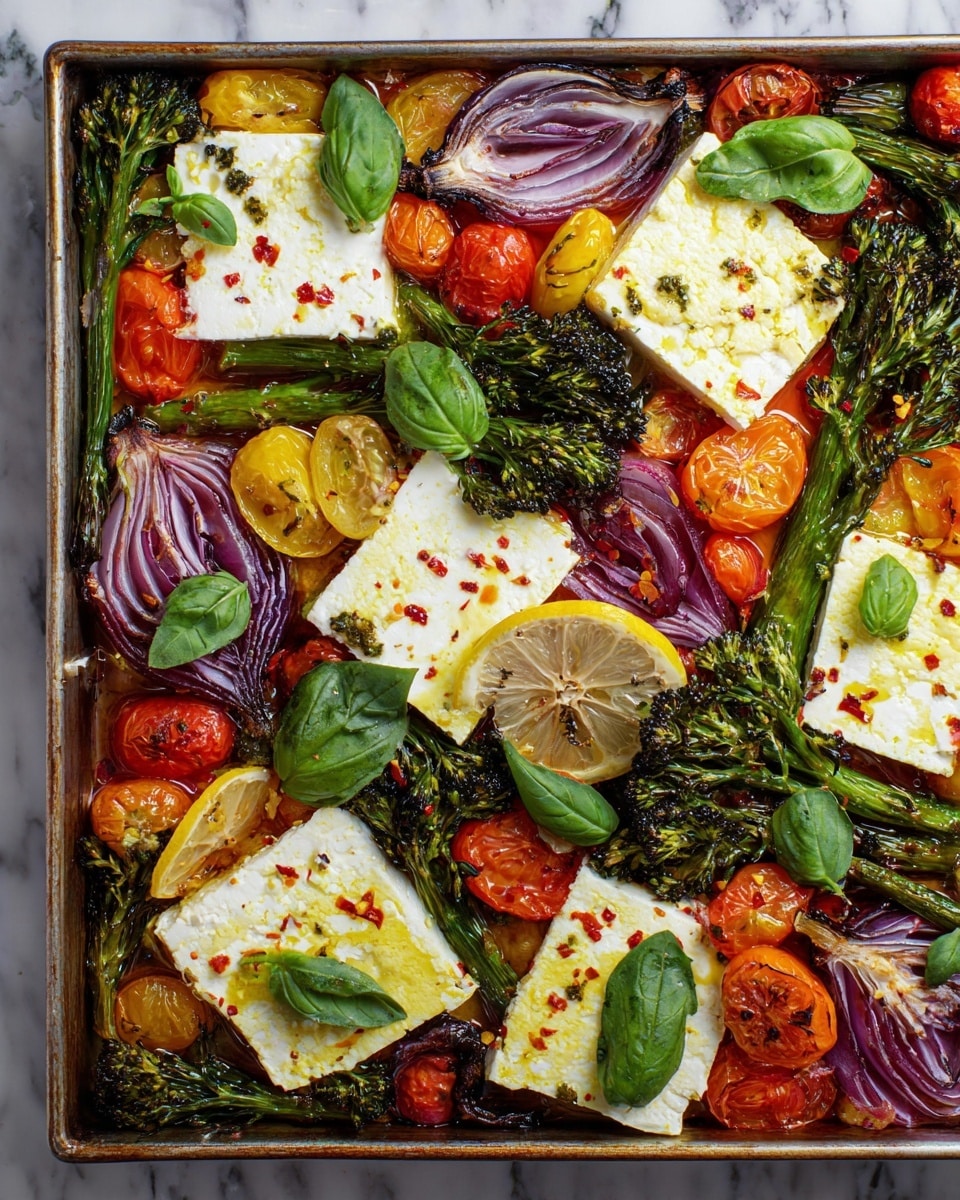 The image shows a baking tray filled with several layers of food: large blocks of white feta cheese with a soft, crumbly texture are placed on top of a mix of roasted vegetables. The vegetables include bright red and orange cherry tomatoes, vibrant green broccolini with charred edges, and sliced red onions with visible rings creating a layered look. Thin yellow lemon slices are scattered throughout, adding a fresh contrast. The dish is garnished with fresh green basil leaves on top, and tiny red chili flakes are sprinkled over the feta cheese, adding specks of color. The tray rests on a white marbled texture surface, enhancing the colors of the roasted ingredients. photo taken with an iphone --ar 4:5 --v 7