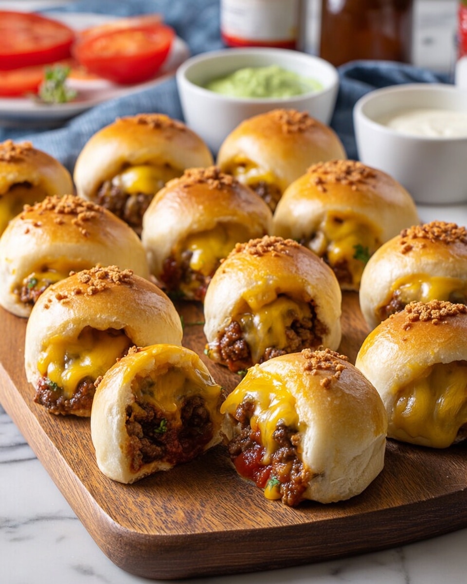 The image shows a wooden board on a white marbled surface with eleven round small baked dough balls stuffed with ground meat and cheese. Each ball has a soft, golden brown dough outer layer topped with small toasted crumbs. The middle layer reveals cooked ground meat mixed with small bits of tomato in dark brown and red shades. The top layer is melted yellow and white cheese oozing out around the meat inside. In the background are blurred garnishes including a small white bowl of green sauce, sliced tomatoes, and a small white bowl of creamy dressing. Photo taken with an iphone --ar 4:5 --v 7