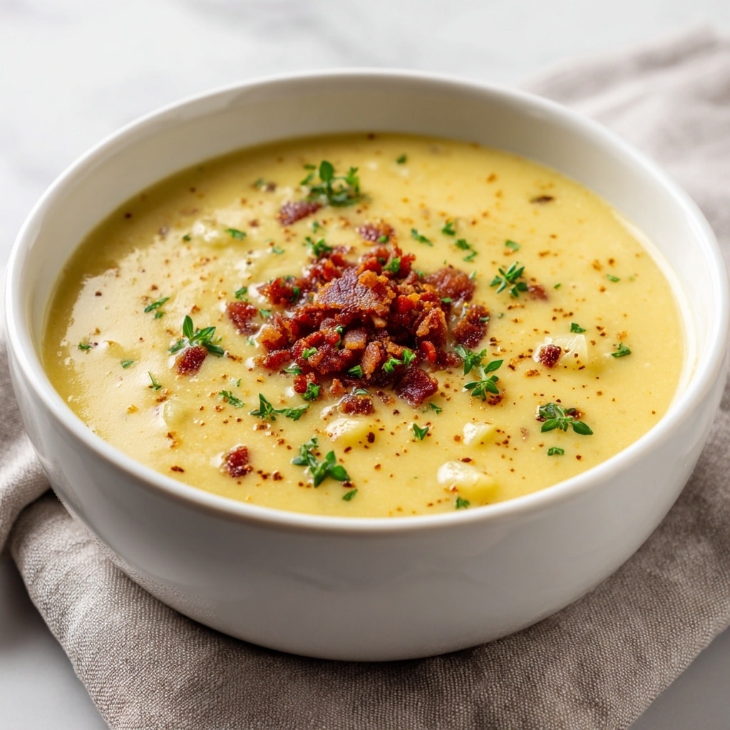 Two images show a creamy yellow cheese soup with small chunks of potato and tiny bits of bacon mixed throughout, served in a large white bowl. On top of the soup, there is a small pile of crispy, reddish-brown bacon pieces arranged in the center, with a few tiny green herb leaves scattered around for garnish. The soup has a smooth texture with gentle hints of orange from the cheese and soft potato pieces visible. The bowl is placed on a neutral-toned cloth on a white marbled surface. photo taken with an iphone --ar 4:5 --v 7