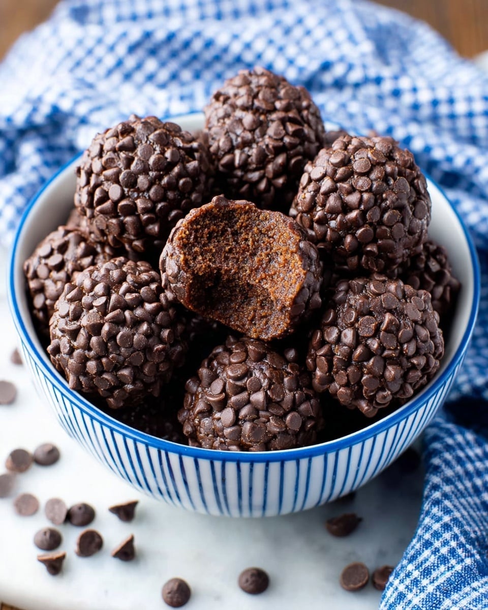 A white bowl with blue vertical stripes filled with round chocolate truffle balls covered completely in dark chocolate chips, showing a rough texture under the chips; one truffle has a bite taken out, revealing a dense and smooth chocolate inside. The bowl sits on a white marbled surface with scattered chocolate chips around it. A blue and white checkered cloth is partially visible behind the bowl. photo taken with an iphone --ar 4:5 --v 7