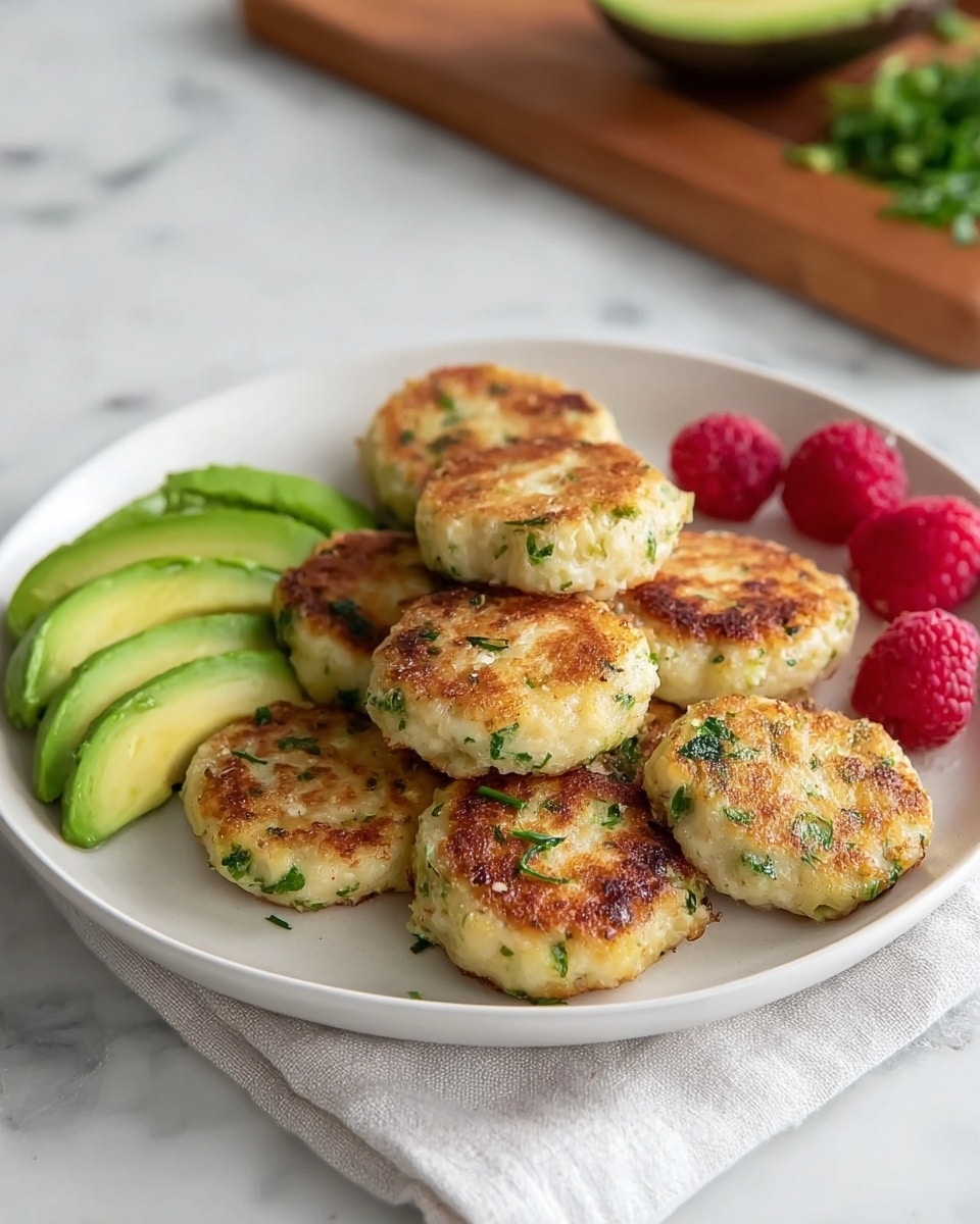 A white round plate holds a stack of eight small, golden-brown patties with visible green herbs sprinkled on top and throughout, arranged mostly in the center with some overlapping. To the left of the patties, three thin slices of bright green avocado fan out, showing their smooth, creamy texture. On the right side of the plate, a small cluster of five red raspberries adds a fresh, juicy contrast. The plate is set on a white cloth placed over a white marbled surface, with a wooden cutting board and an avocado half blurred in the background. Photo taken with an iphone --ar 4:5 --v 7