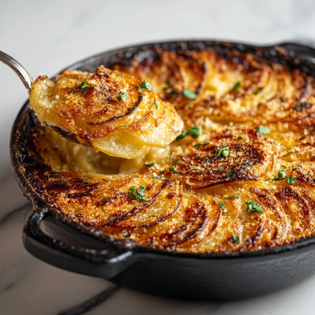 The dish is a potato gratin served in a black cast iron pan placed on a white marbled surface. It has multiple thin layers of potato slices, all arranged in overlapping circular rows, creating a textured pattern with golden brown crispy edges. The top layer is golden and crunchy, sprinkled with melted Parmesan and Gruyere cheese, giving it a bubbly, slightly browned look. Small green herb leaves are scattered across the top, adding color contrast. In the first image, a spoon is scooping out a portion, revealing the soft, creamy inner layers under the crispy top. Photo taken with an iphone --ar 4:5 --v 7