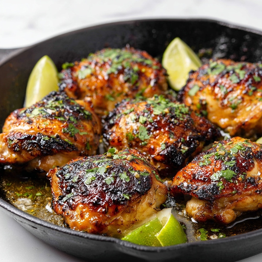 A close-up view of six pieces of cooked chicken thighs in a black cast iron pan, each piece showing a golden brown, slightly charred texture with small bits of green cilantro sprinkled on top. The chicken has a shiny, glazed look with visible grilled marks and some small pieces of minced garlic. There are lime wedges placed around the chicken, adding a hint of pale green and yellow. The pan contains a bit of oil that reflects light, highlighting the juicy texture of the chicken. The background is a white marbled texture. photo taken with an iphone --ar 4:5 --v 7
