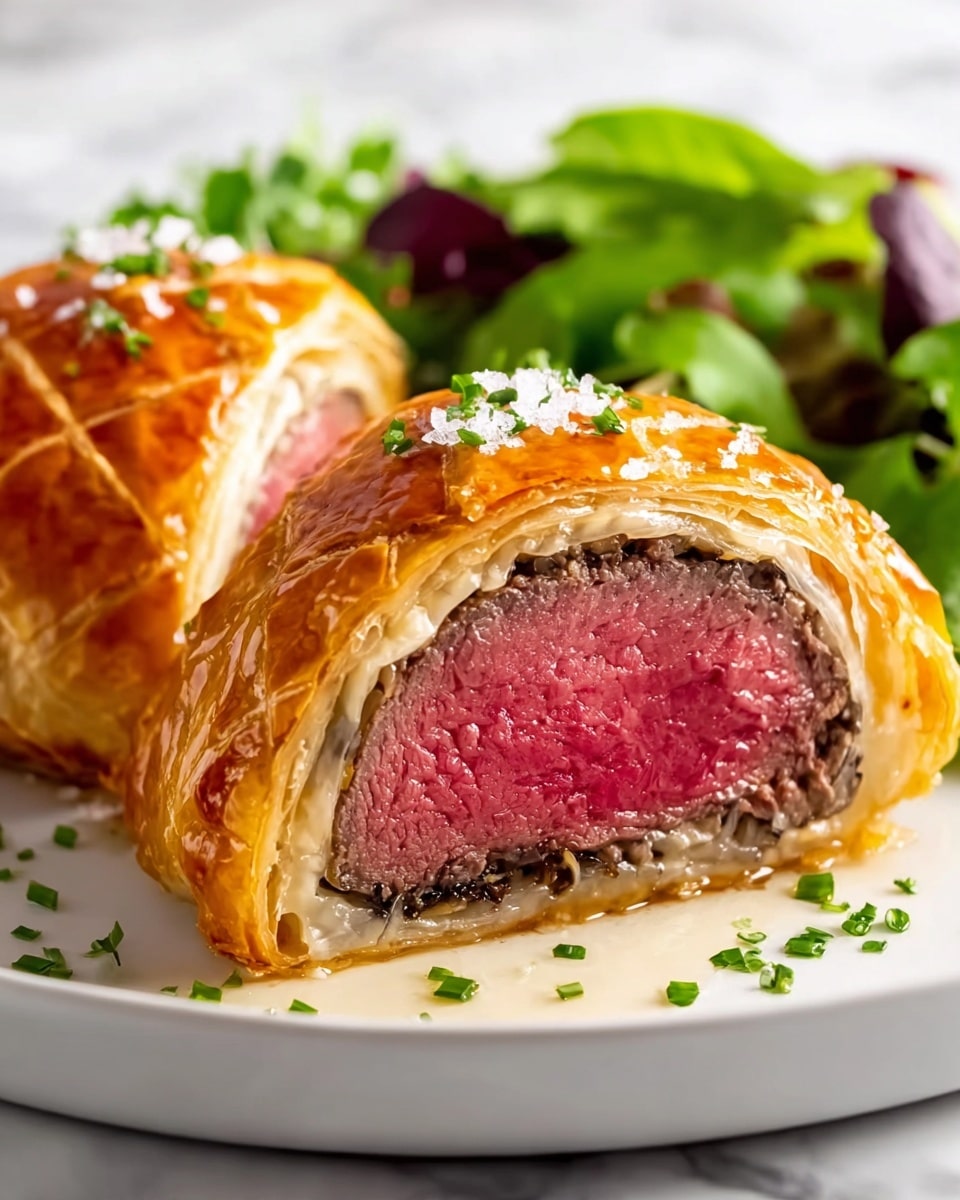 The image shows two thick slices of Beef Wellington on a white plate, each slice displaying three layers: a golden-brown, flaky outer pastry with a shiny, crisp texture, a thin inner layer of creamy, pale mushroom duxelles just beneath the crust, and a thick, medium-rare pink beef center with a juicy texture. The slices are garnished with small pieces of coarse salt and finely chopped green herbs sprinkled on top and around the base. In the background, there is a fresh side salad of leafy greens, with bright green and darker purple leaves adding vibrant color contrast, all set against a white marbled surface. photo taken with an iphone --ar 4:5 --v 7