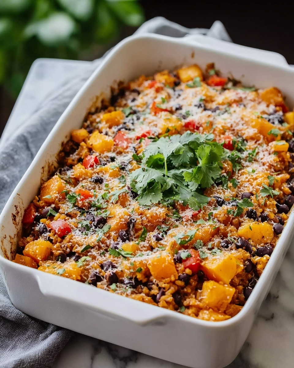 A white rectangular baking dish filled with a colorful baked casserole featuring layers of black beans, orange squash chunks, and cooked rice or grains mixed with diced red bell peppers. The top layer is sprinkled with a light layer of grated cheese and garnished with fresh green cilantro leaves in the center. The casserole has a slightly crispy, browned edge around the sides of the dish. The dish sits on a white marbled surface with a gray cloth nearby, and a blurred green plant in the background. Photo taken with an iphone --ar 4:5 --v 7