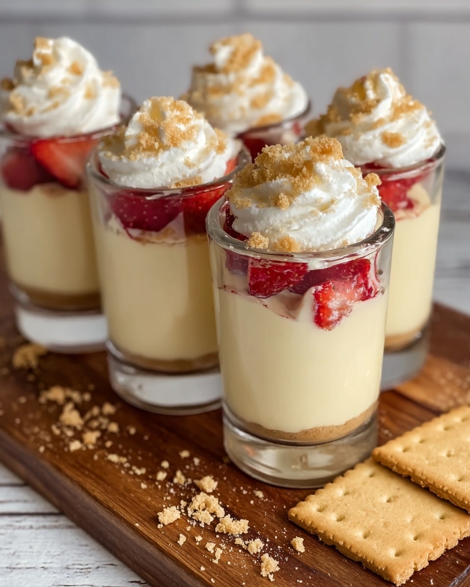 Four clear glass cups are lined up on a wooden board. Each cup has three layers: the bottom layer is creamy pale yellow pudding, the middle layer is small pieces of red strawberry visible just at the top of the pudding, and the top layer is a swirl of white whipped cream with some crumbs of light brown cookie sprinkled on it. Crumbs are also scattered on the wooden board near the cups, and a square light brown cracker rests on the board in front of the last cup. The background is a white marbled texture. Photo taken with an iphone --ar 4:5 --v 7
