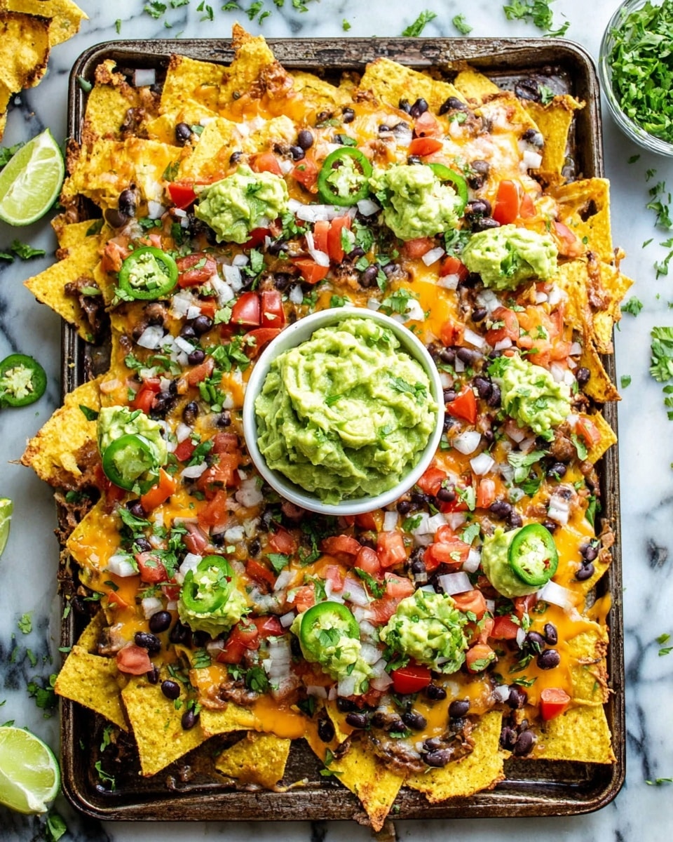 A large tray filled with a layer of crispy yellow corn tortilla chips topped with melted orange and white cheese, scattered black beans, chopped red tomatoes, finely diced white onions, and fresh green jalapeno slices, all covered with small dollops of green guacamole. In the center of the tray, there is a white bowl filled with creamy green guacamole. The tray is placed on a white marbled surface with some chopped green herbs and a half-cut lime nearby. photo taken with an iphone --ar 4:5 --v 7