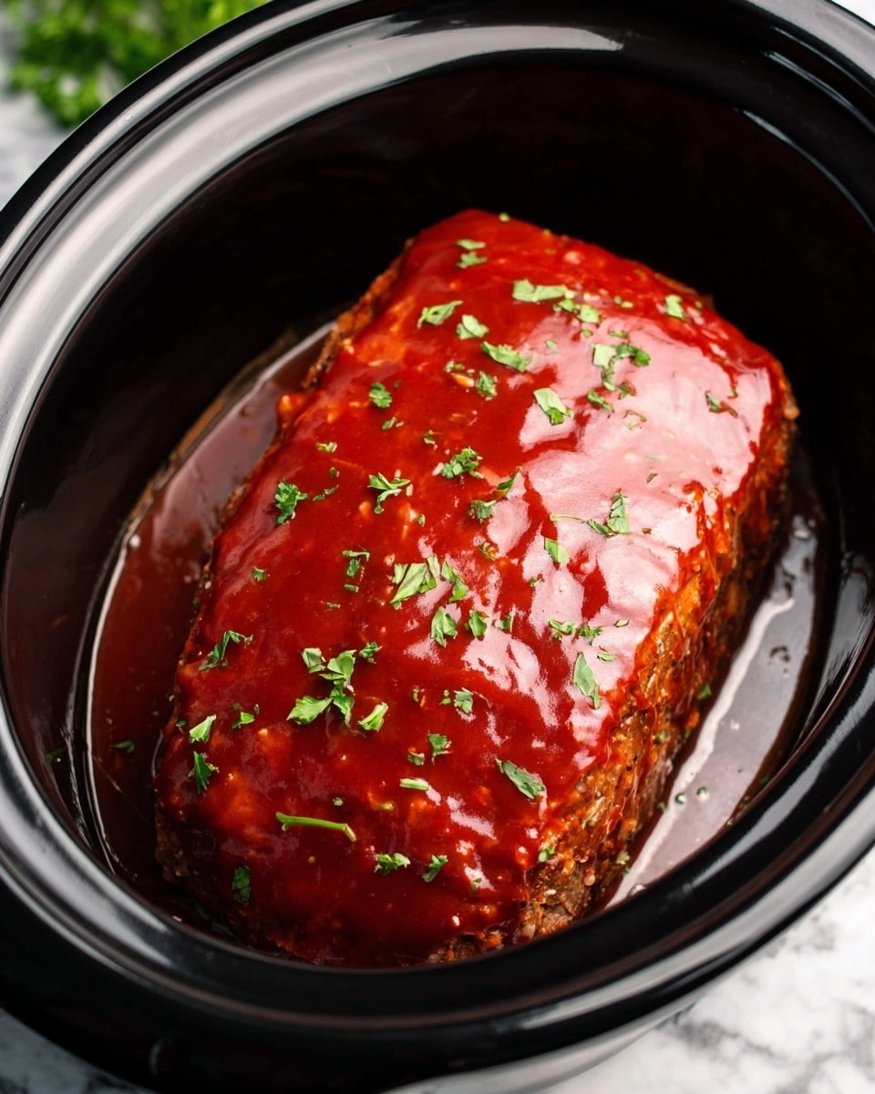 A thick meatloaf covered in a smooth, shiny red glaze sits in a black slow cooker. The glaze is spread evenly over the top and sides of the meatloaf, with small green herbs sprinkled lightly on top for color. The black slow cooker creates a dark contrast to the bright glaze on the meatloaf. The surface underneath and background show a white marbled texture, enhancing the focus on the slow cooker and meatloaf. Photo taken with an iphone --ar 4:5 --v 7