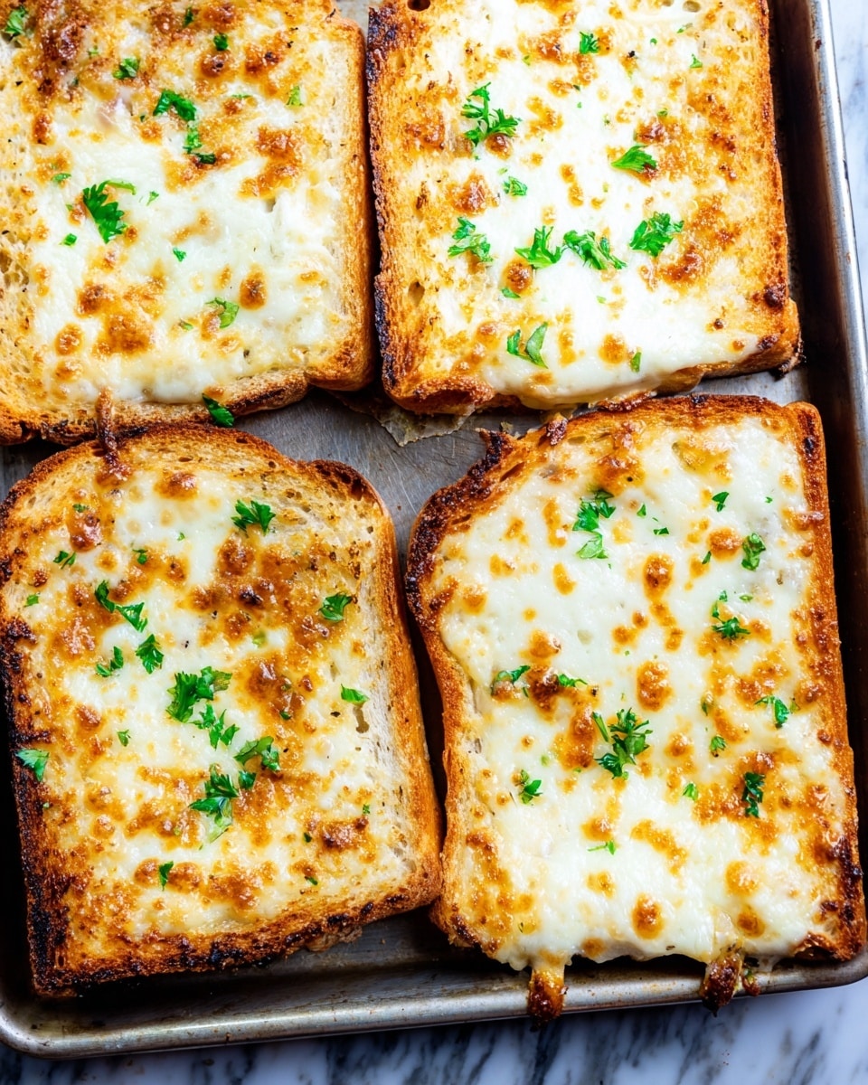 The image shows four slices of toast placed close together on a metal baking tray. Each slice has a base of golden-brown toasted bread topped with a layer of melted cheese, which is bubbly and browned in spots, creating a mix of white and golden-yellow colors. Small green parsley leaves are sprinkled unevenly across the cheese topping, adding a fresh contrast. The edges of the bread are crispy and browned, with some darker toasted spots near the corners. The bubbling cheese appears thick and creamy with a slightly rough surface from the melting process. The background under the tray is a white marbled texture. Photo taken with an iphone --ar 4:5 --v 7