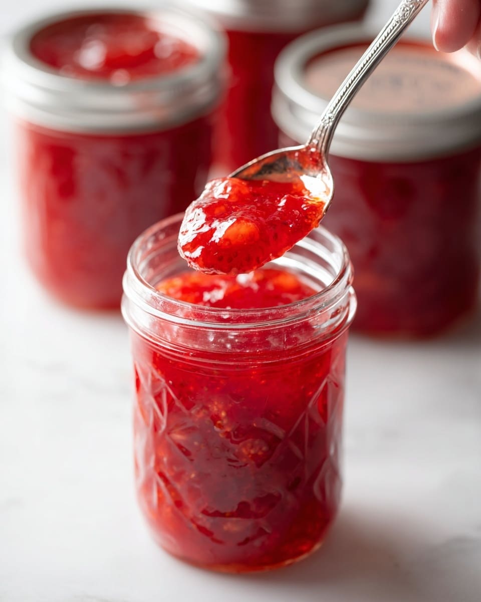 A close-up view of a glass jar filled with bright red strawberry jam that has a glossy, slightly chunky texture with visible pieces of strawberries. A spoon is scooping a portion of the jam, showing its thick and sticky consistency. In the background, three more jars filled with the same red jam are slightly out of focus, all placed on a white marbled surface. A woman's hand is holding the spoon pouring out the jam. The scene is bright with soft natural light highlighting the rich red color and shiny surface of the jam jar. Photo taken with an iphone --ar 4:5 --v 7