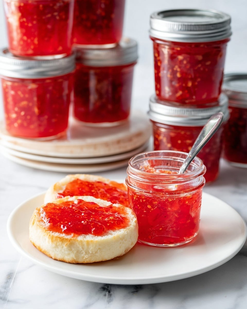 The image shows a white plate with a split English muffin, the front half topped with a bright red, glossy strawberry jam that has a gel-like texture and some small fruit pieces visible, and the back half left plain. Next to the muffin halves is a small glass jar filled with the same vibrant red jam, with a silver spoon inside. Behind the plate, there are several stacked glass jars filled with the red jam, sealed with silver lids. All this is set on a white marbled surface. photo taken with an iphone --ar 4:5 --v 7