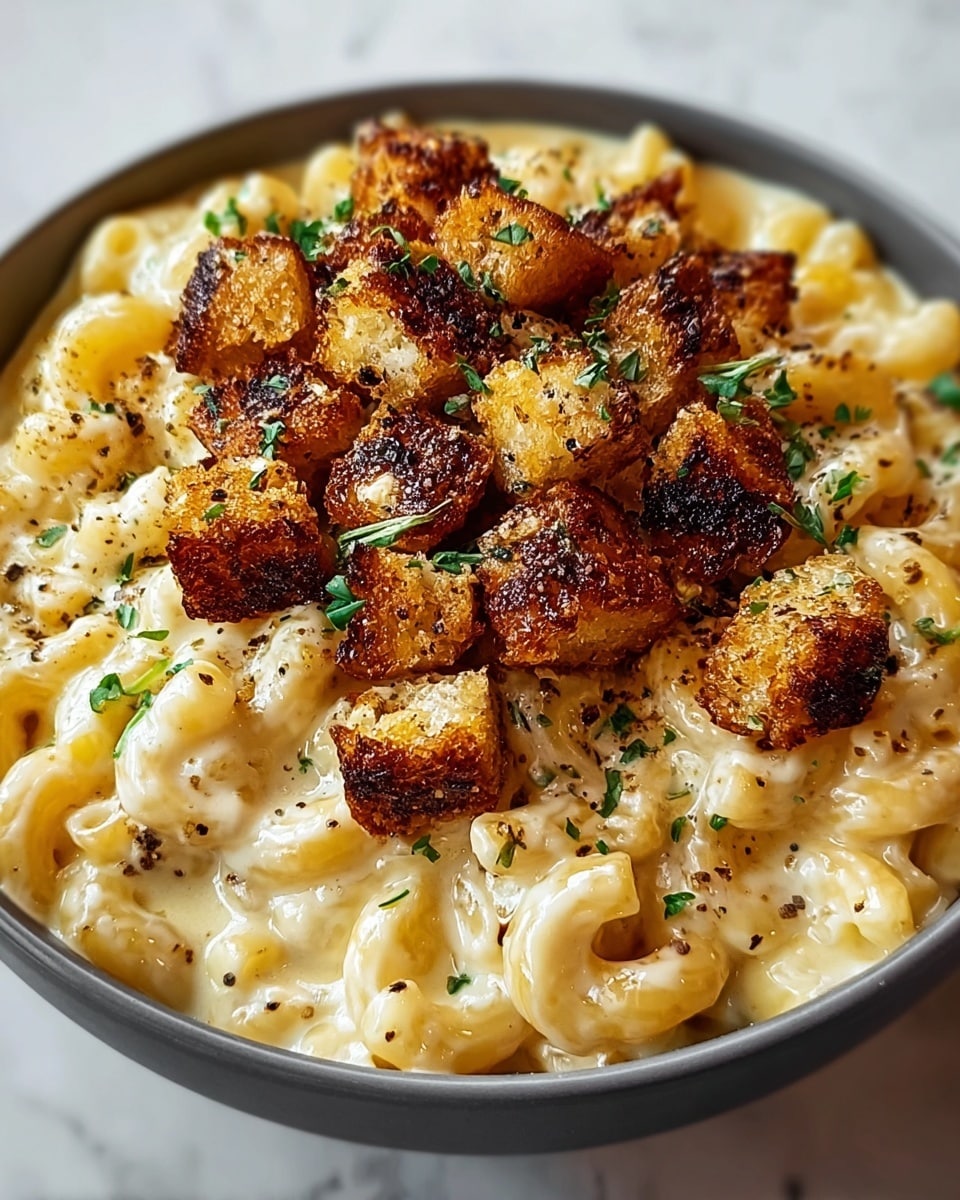 A bowl filled with creamy mac and cheese, showing a rich layer of melted cheese coating the curly pasta in a pale yellow color. On top, there is a generous layer of golden-brown crispy cubes that look crunchy and slightly charred, with small black pepper specks scattered over. Bright green small herb leaves are sprinkled delicately on the top layer. The bowl is white and sits on a white marbled textured surface, giving a clean and bright background. photo taken with an iphone --ar 4:5 --v 7