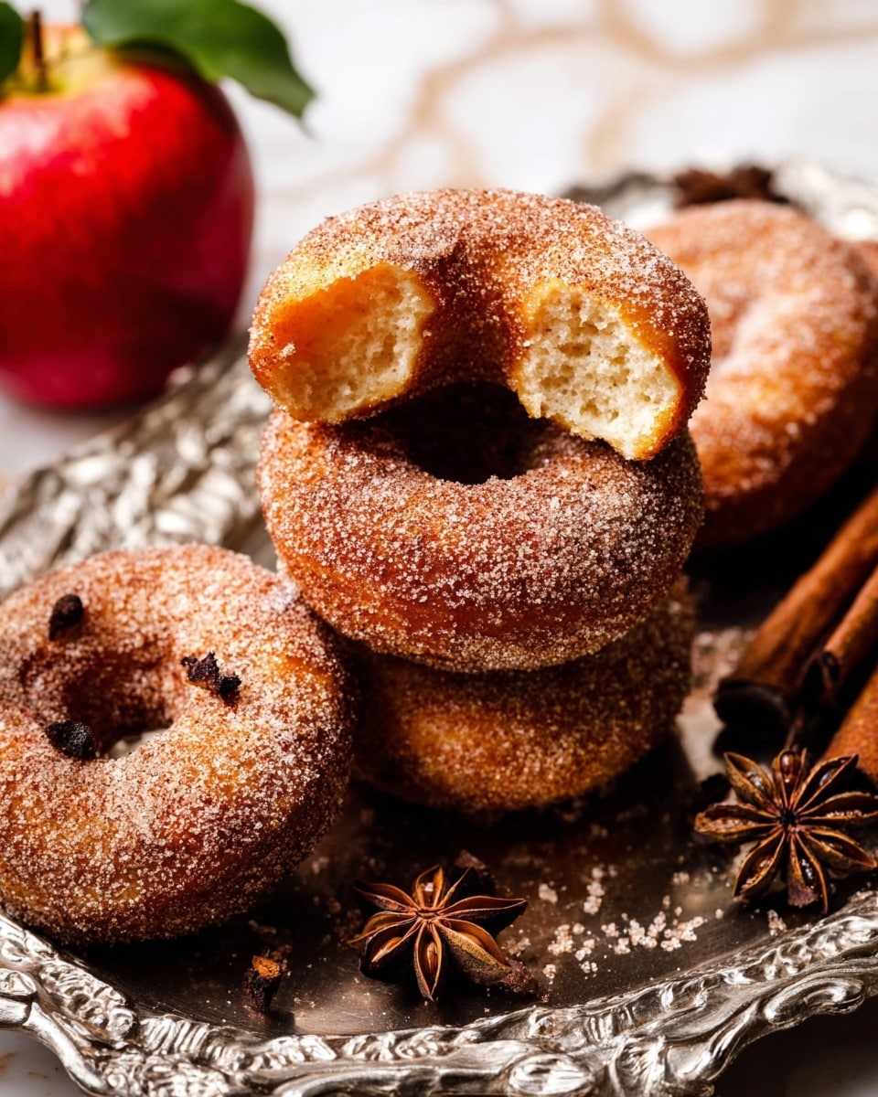 The image shows a stack of cinnamon sugar-coated donuts on a detailed silver tray with three donut halves on top, exposing their soft, pale yellow inside. The donuts have a rough, sugary texture on the outside in golden brown shades. Around the tray, there are a few star anise spices and a red apple with green leaves on the left. The background features a white marbled texture. photo taken with an iphone --ar 4:5 --v 7