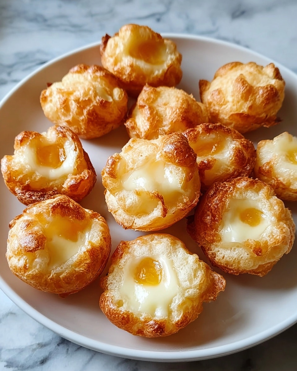 A white plate holds eleven small, golden-brown puffed pieces arranged loosely, each with a slightly uneven round shape. The outside edges are crispy and browned, while the insides are creamy white with a shiny, smooth texture and a small golden-yellow spot in the center that looks soft and slightly melted. The pieces have a light, airy appearance with some parts puffed higher than others, showing a contrast between the crunchy outside and tender inside. The background is a white marbled texture. photo taken with an iphone --ar 4:5 --v 7