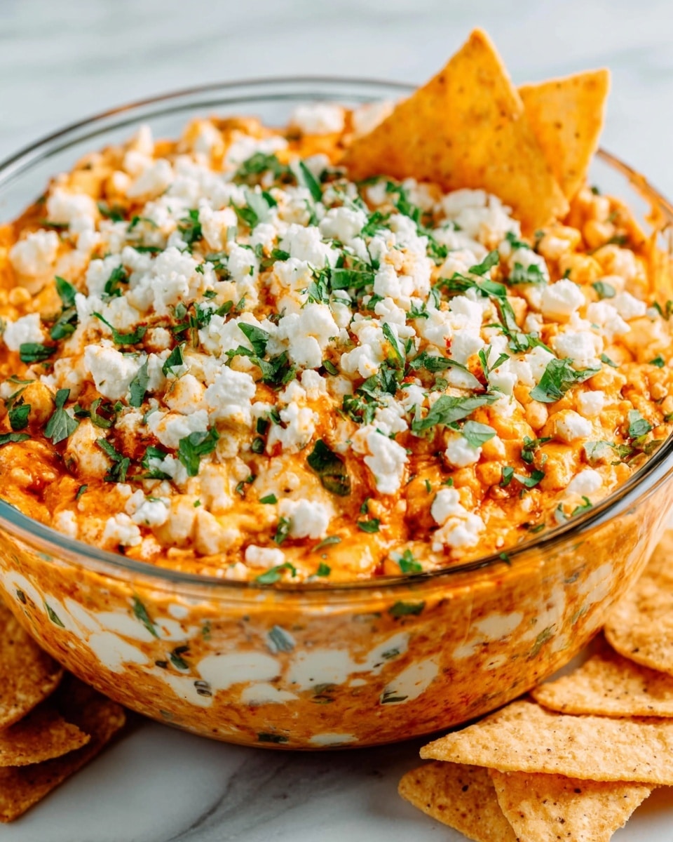 A clear glass bowl filled with a layered dish where the bottom layer is orange, creamy, and smooth, topped with scattered white crumbled cheese and chopped green herbs. There are a few light brown, triangular tortilla chips placed around the bowl edges. The bowl sits on a white marbled surface. The colors are warm with a mix of orange, white, and green, creating a fresh, textured look. Photo taken with an iphone --ar 4:5 --v 7