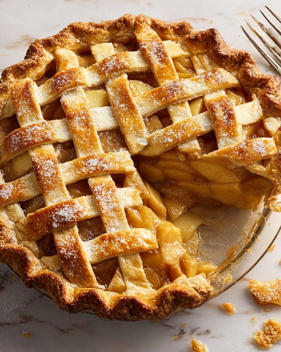 A round pie with a lattice top crust made of golden-brown strips of dough woven over each other, with a shiny glaze and light dusting of sugar on top; the crimped edge crust is thick and crisp, showing darker golden tones; inside the pie is a thick layer of glossy, golden apple filling visible through the lattice and the cut-out slice, revealing soft, cooked apple pieces; the pie sits on a white marbled surface with some crumbs and a fork nearby. photo taken with an iphone --ar 4:5 --v 7