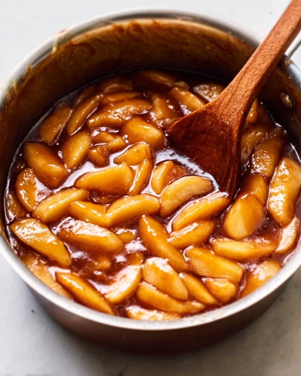 The image shows a pot filled with caramelized apple slices cooked in a shiny brown sauce. The apple pieces are soft and golden, coated evenly with the thick syrup. A wooden spoon rests inside the pot, partly submerged in the glossy sauce, suggesting the dish is being stirred or served. The white marbled surface under the pot adds a clean and bright background. photo taken with an iphone --ar 4:5 --v 7