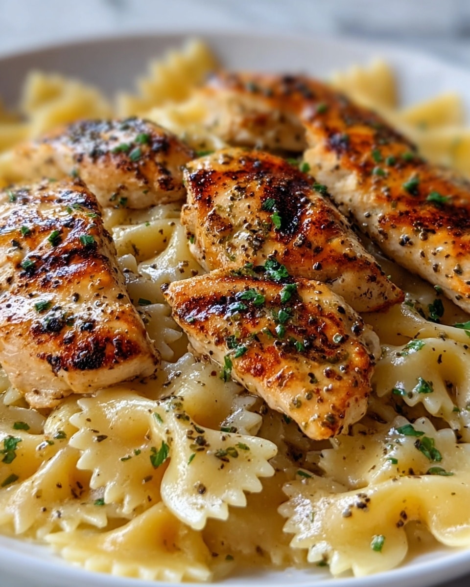 The dish shows a close-up of several grilled chicken pieces with a golden-brown color, lightly charred edges, and sprinkled with black pepper and chopped green herbs, placed on top of multiple layers of creamy farfalle pasta that has a smooth, glossy texture. The farfalle pasta, with its characteristic bow-tie shape, is coated with a light creamy sauce that pools slightly around the edges, giving a rich look. The whole scene is set on a white plate, with a white marbled texture in the background, enhancing the warm tones of the food. photo taken with an iphone --ar 4:5 --v 7