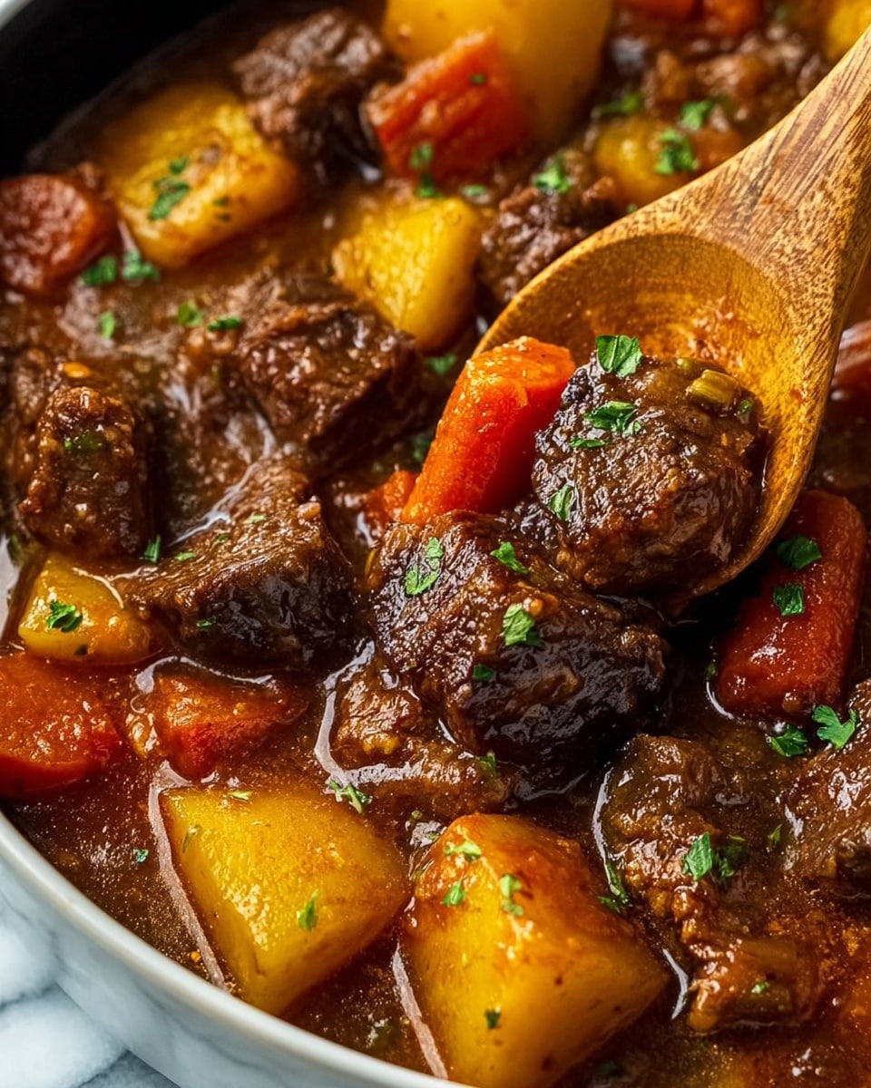 The image shows a close-up of a rich beef stew in a white bowl, placed on a white marbled surface. The dish has chunky pieces of dark brown beef, surrounded by soft, golden yellow potato chunks and bright orange carrot bits, all mixed in a thick, brown sauce with slightly glossy texture. There are small green herb pieces sprinkled on top, adding a fresh touch. A wooden spoon is partially immersed in the stew from the right side, lifting some meat and potatoes. The stew looks warm and hearty, with glossy, moist textures on the meat and vegetables, and the sauce filling the spaces in between. photo taken with an iphone --ar 4:5 --v 7