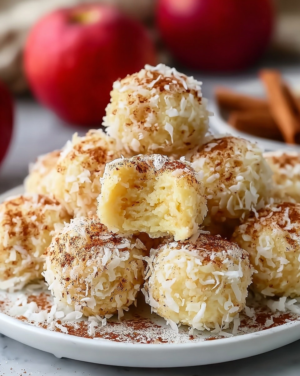 The image shows a stack of four small square treats on a white plate with a white marbled surface background. Each treat has three visible layers: a light brown base, a golden yellow middle, and a top layer covered with white shredded coconut, giving it a soft and fluffy texture. The treats are sprinkled with some syrup that glistens under the light. Around the plate are thin slices of red apple with creamy white inside. The top treat has a piece missing, showing a gooey inside. Photo taken with an iphone --ar 4:5 --v 7