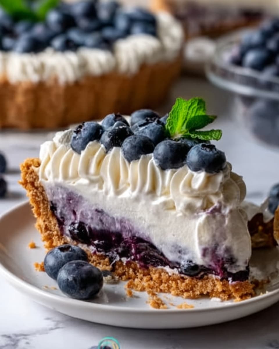 A slice of pie sits on a white plate over a white marbled surface, showing three clear layers: a crumbly golden brown crust at the bottom, a smooth middle layer of deep purple blueberry filling with visible bits of fruit, and a top layer of fluffy white cream decorated with several fresh blueberries and a small green mint leaf. The texture contrasts from crunchy crust to soft filling and creamy topping, with a neat swirl of whipped cream around the edge. In the background, a tart filled with more blueberries can be seen slightly out of focus. Photo taken with an iphone --ar 4:5 --v 7