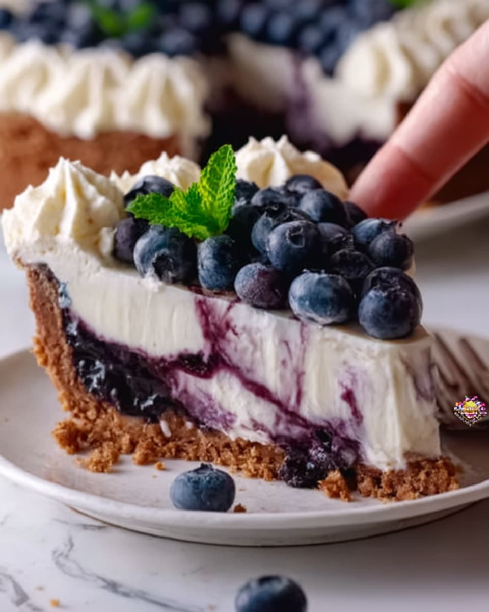 A slice of blueberry cheesecake sits on a white plate on a white marbled surface. The bottom layer is a thick, crumbly brown crust, topped by a smooth, white cream cheese layer with swirls of deep purple blueberry sauce. On top, there is a layer of whipped cream piped around the edges, accented with fresh shiny blueberries and a small green mint leaf in the center. A woman's hand is reaching toward the cheesecake from the side. Photo taken with an iphone --ar 4:5 --v 7