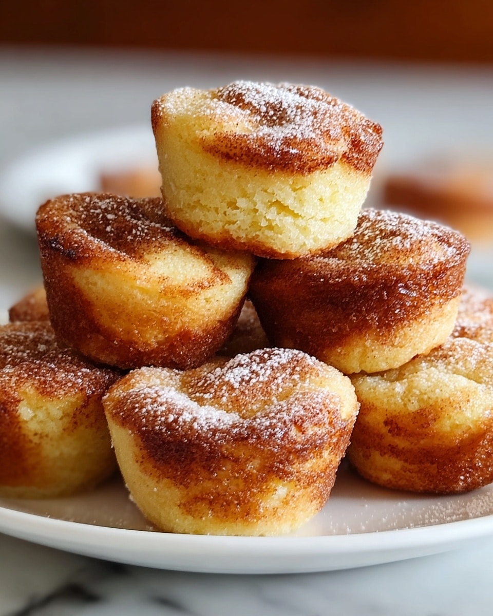 A close-up view of six mini muffins stacked on a white plate, each muffin showing a golden brown outer crust with darker, cinnamon-sprinkled edges, and a soft, light yellow interior with a slightly irregular, rounded top dusted with white powdered sugar. The muffins are arranged with three at the front, two in the middle, slightly elevated, and one more at the back, all resting on a white marbled surface softly blurred in the background. The texture looks moist and spongy, with a warm, inviting color contrast between the crust and the inside. Photo taken with an iphone --ar 4:5 --v 7