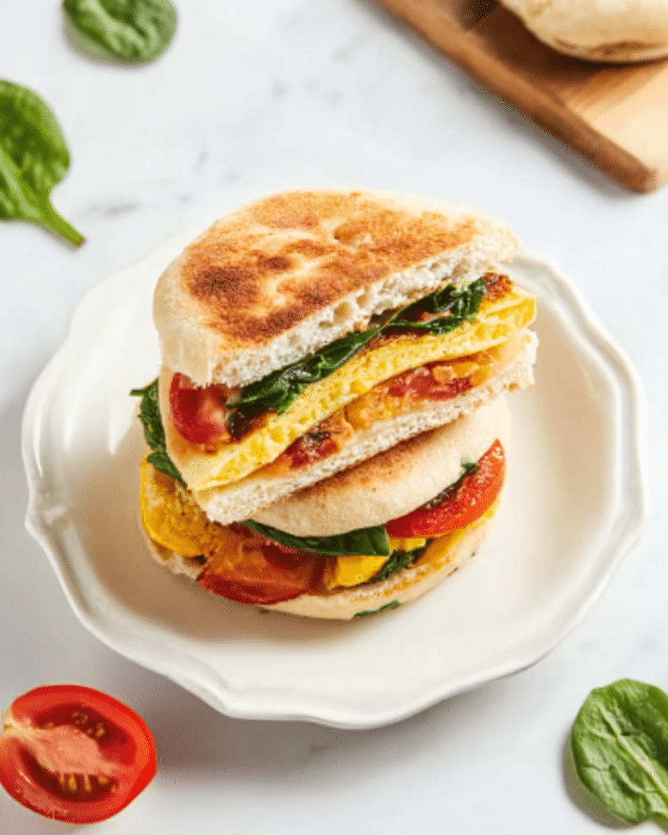The image shows a sandwich cut in half on a white scalloped plate, placed on a white marbled surface. The sandwich has several layers, with lightly toasted, golden English muffin halves on the top and bottom. Inside, there are slices of bright red tomato, green leafy spinach, and a cooked yellow egg patty with a slightly browned edge. The sandwich filling looks fresh and colorful, with a soft texture for the bread and a mix of smooth and leafy textures inside. A few spinach leaves and a small red tomato sit around the plate for decoration. Photo taken with an iphone --ar 4:5 --v 7