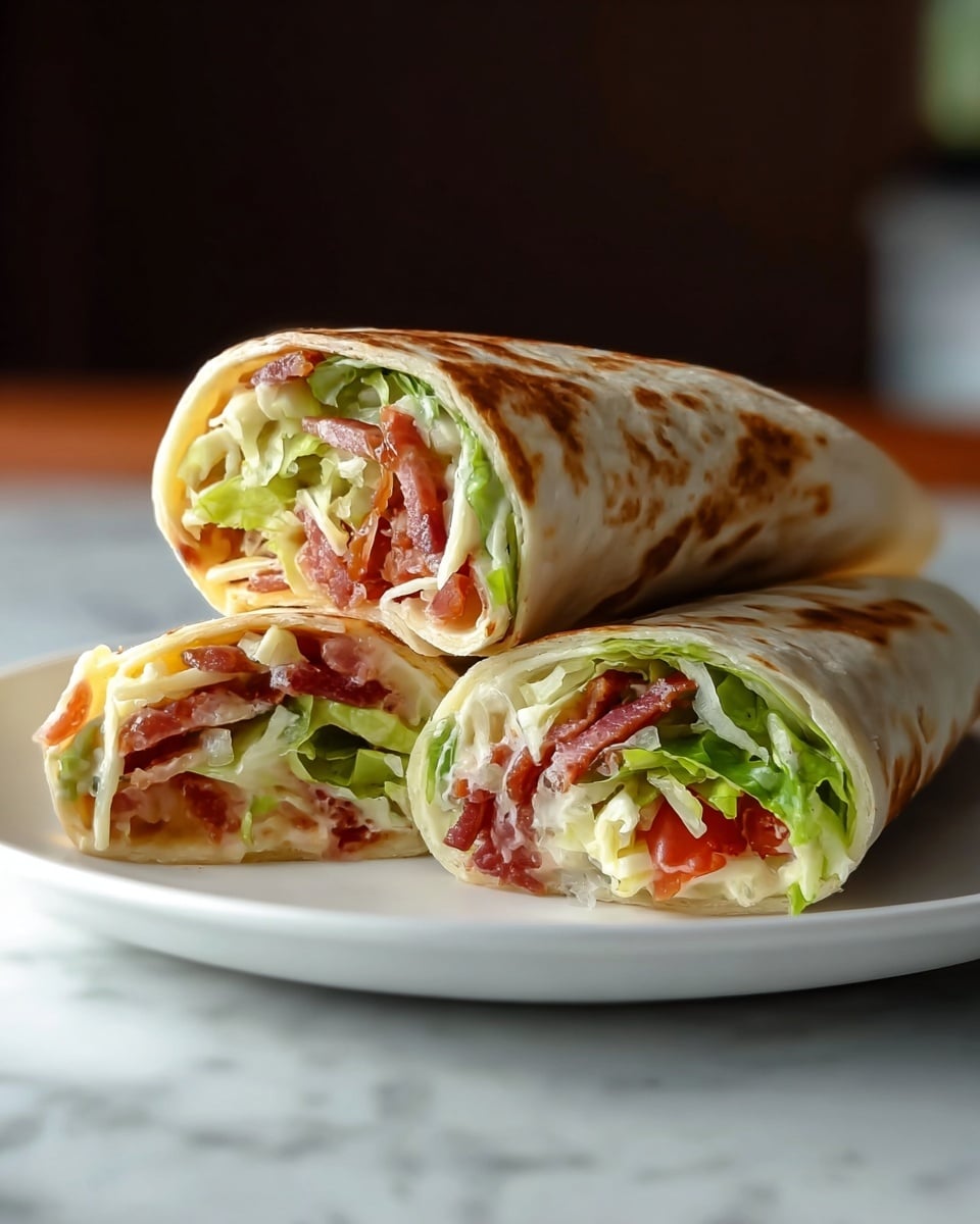 Two tortilla wraps cut in half show their fresh fillings on a white plate placed on a white marbled surface. Each wrap has three visible layers: the soft, slightly browned tortilla on the outside, a middle layer of crispy bright green lettuce, and an inner mix of thin white shredded cheese and small pieces of reddish bacon. The wraps lie side by side, their open ends facing the camera, revealing the colorful and textured ingredients inside. The background is blurred with dark and brown tones, putting focus on the crisp and fresh wraps in the foreground. photo taken with an iphone --ar 4:5 --v 7