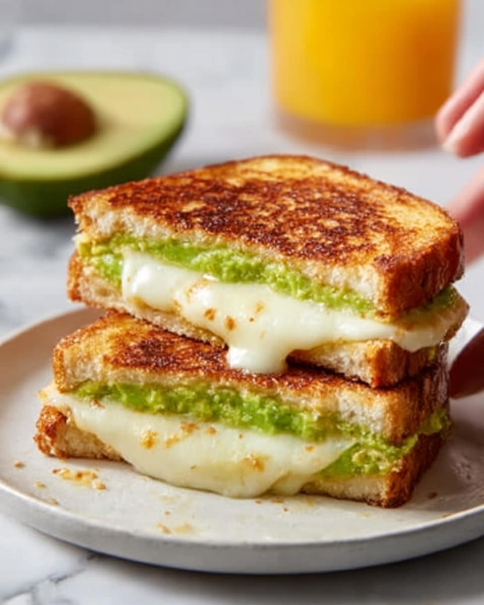 The image shows a grilled sandwich cut in half and stacked, with the top half slightly tilted to show the inside. There are two visible layers inside the sandwich: a creamy, bright green layer of avocado spread on the bottom and melted white cheese on top that looks gooey and soft. The bread is golden brown with a crispy texture and some darker toasted spots. The sandwich sits on a light gray plate, all on a white marbled surface with a blurred avocado and glass of orange juice in the background. photo taken with an iphone --ar 4:5 --v 7