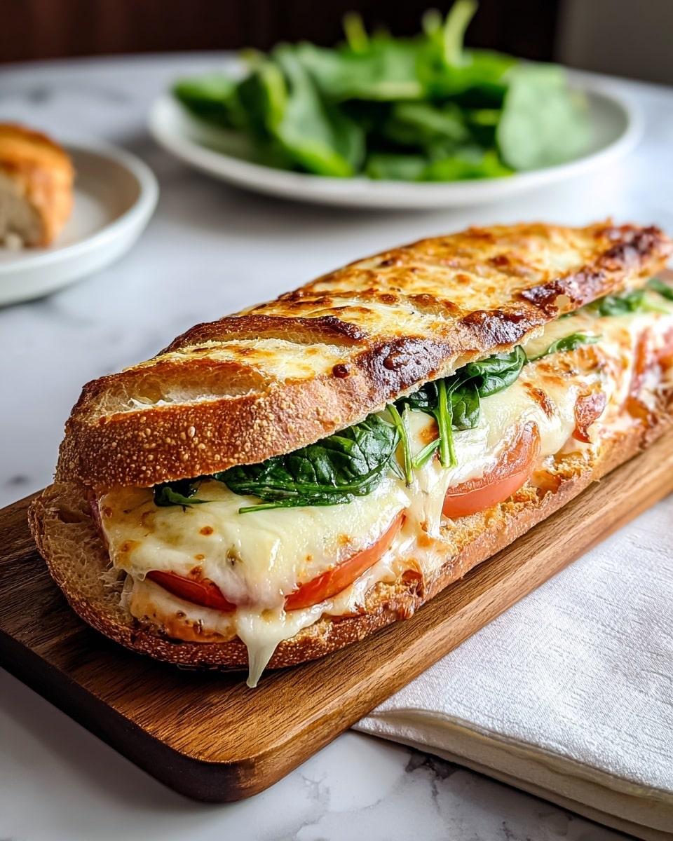 The image shows a toasted sandwich on a white baguette bread with a golden-brown crispy crust and soft inside. It has three visible layers inside: bright red tomato slices at the bottom, creamy melted white cheese in the middle with slight browning, and fresh green spinach leaves on top. The sandwich is placed on a wooden board with a white napkin beside it, all on a white marbled surface. In the background, there is a white plate with fresh spinach leaves. Photo taken with an iphone --ar 4:5 --v 7