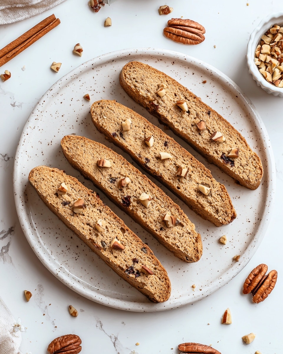 Four long, light brown biscotti with a rough texture and small dark bits inside are placed side by side on a white speckled round plate. Each biscotti is topped with small chopped nuts in a scattered pattern. The plate sits on a white marbled surface with some whole pecans, cardamom pods, and more chopped nuts scattered around casually. A cinnamon stick is partly visible near the top left corner, and a small white ramekin filled with chopped nuts is at the top right. photo taken with an iphone --ar 4:5 --v 7