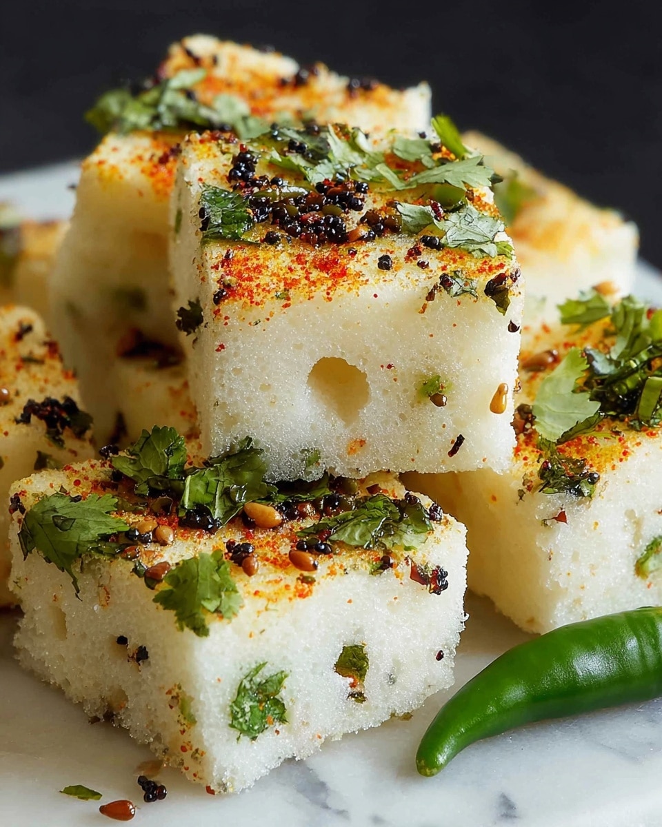 The image shows soft white square pieces of a spongy dish stacked on each other, with a rough texture and small holes visible throughout. Each piece is topped with a light coating of orange spice, black mustard seeds, small brown cumin seeds, and fresh green herbs, including chopped cilantro and a whole green chili. The dish looks moist and fluffy, set against a white marbled surface highlighting the pale whiteness of the squares and the vivid toppings. photo taken with an iphone --ar 4:5 --v 7