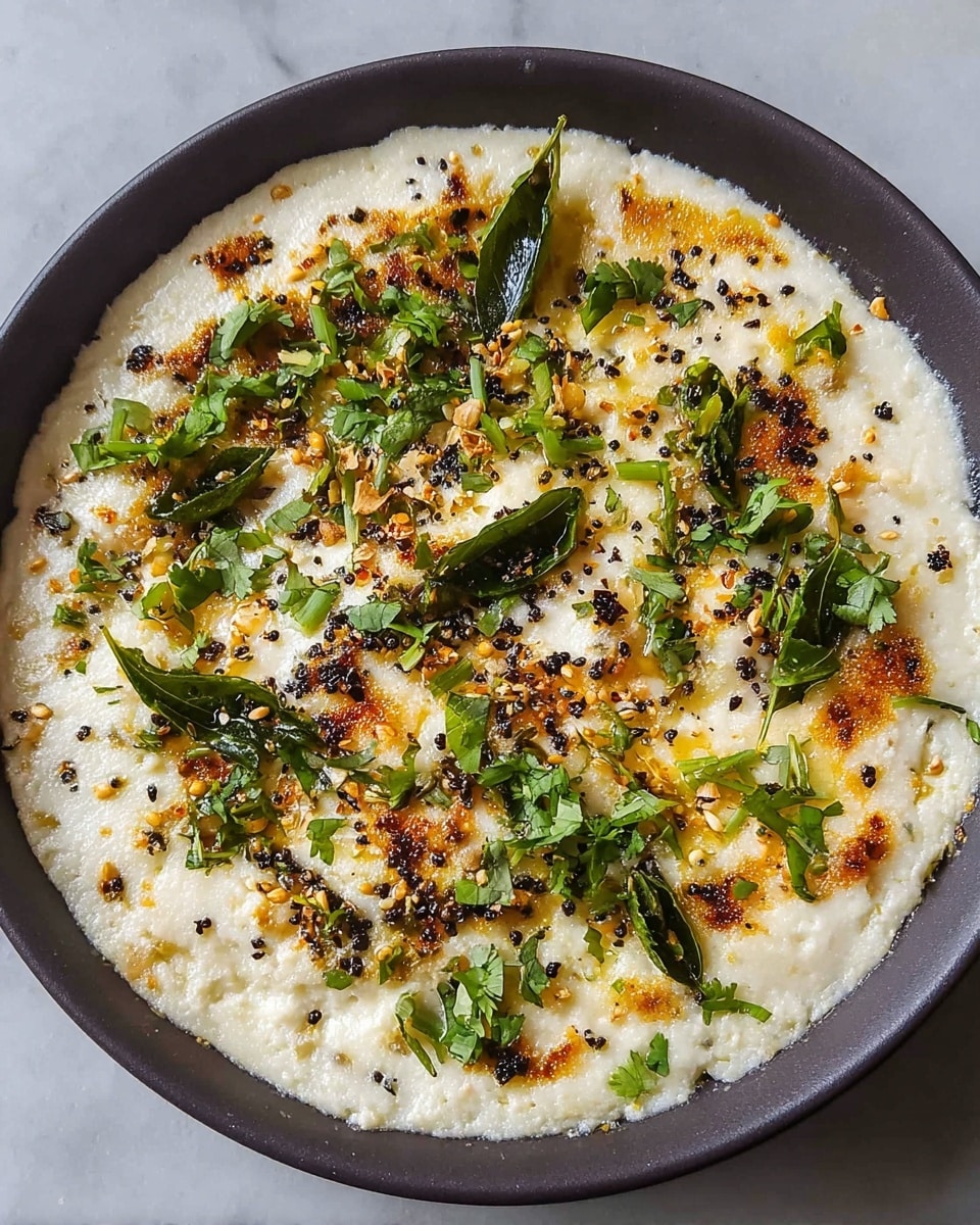 A round white plate holds a single-layer soft, creamy white dish with a light golden brown toasted surface. The dish is topped unevenly with small black mustard seeds, thin elongated curry leaves with a glossy green texture, and finely chopped bright green cilantro scattered across the top, adding fresh color. The plate rests on a white marbled texture surface. photo taken with an iphone --ar 4:5 --v 7