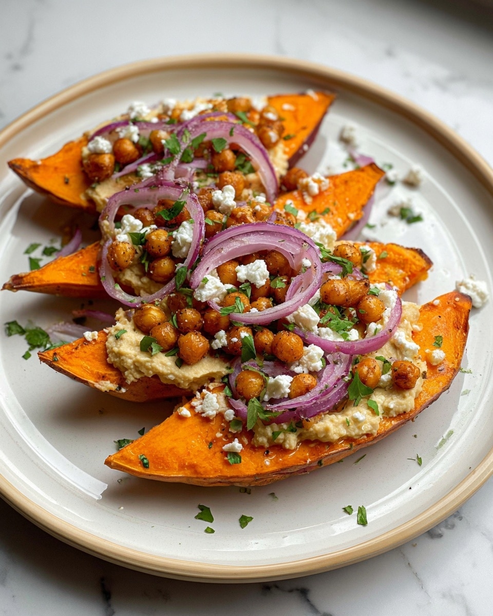 The dish has three large slices of bright orange roasted sweet potato arranged on a white plate with a light beige rim. On top of the sweet potatoes is a thick, smooth layer of creamy beige hummus spread across the middle. There is a generous sprinkle of golden brown roasted chickpeas scattered evenly over the hummus. Thin slices of light purple-red onion are layered on the chickpeas, adding a fresh, crisp texture. The dish is finished with crumbles of white cheese and small pieces of chopped green herbs spread on top and around, creating a vibrant contrast against the warm colors. The plate sits on a white marbled surface. photo taken with an iphone --ar 4:5 --v 7