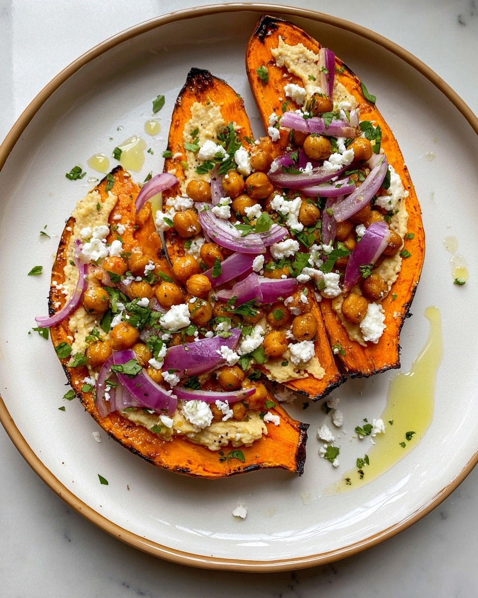 Three slices of bright orange roasted sweet potato are arranged on a white plate with a light brown rim, placed on a white marbled surface. The sweet potato slices have a slightly charred edge and soft texture. On top, there is a creamy beige layer of hummus spread evenly across the slices. Scattered over the hummus are golden-brown roasted chickpeas, thin slices of purple-red onion, crumbled white feta cheese, and finely chopped green herbs, adding spots of color and texture. A small drizzle of olive oil pools beside the sweet potatoes on the plate, enhancing the dish's freshness. photo taken with an iphone --ar 4:5 --v 7