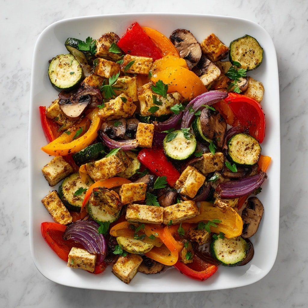 The image shows a close-up of a cooked dish with three layers: the bottom layer has large pieces of golden-brown tofu; the middle layer features sautéed red and orange bell pepper slices, and the top layer is mixed with browned mushroom pieces and fresh green cilantro leaves scattered over the top. The colors are rich and vibrant, with the soft texture of tofu contrasting against the crisp peppers and juicy mushrooms. A black utensil is visible on the right side, mixing the ingredients. The background is a white marbled texture. photo taken with an iphone --ar 4:5 --v 7