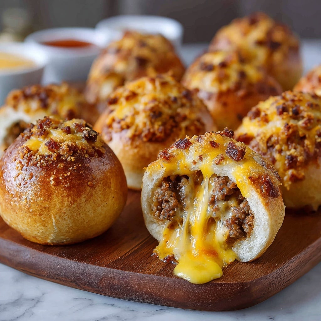The image shows several small round baked bread balls placed on a wooden board over a white marbled surface. Each ball is hollowed out and filled with chunks of cooked bacon and ground beef, topped with melted yellow cheese that drips down the sides. The golden-brown bread is soft with some sprinkled toasted crumbs on top, creating a slightly crispy texture. The front row features two of these bread balls cut in half, showing three layers inside: the soft bread exterior, a meaty filling of bacon and beef, and a top layer of melted cheese blending into the meat. In the background, there are blurred bowls and condiments, adding a casual, inviting atmosphere. photo taken with an iphone --ar 4:5 --v 7