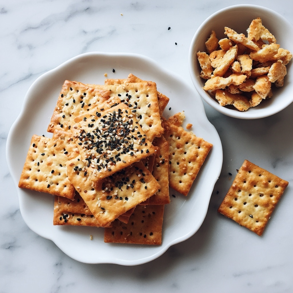 A black cooling rack holds about fifteen rectangular golden-brown crackers, each with small, evenly spaced holes and specks of green herbs baked throughout. The crackers have a slightly rough texture with some darker baked spots, showing they are crisp. A woman's hand is gently touching the rack on the left side. Beneath the rack is a soft off-white cloth and the surface is a smooth white marbled texture. photo taken with an iphone --ar 4:5 --v 7