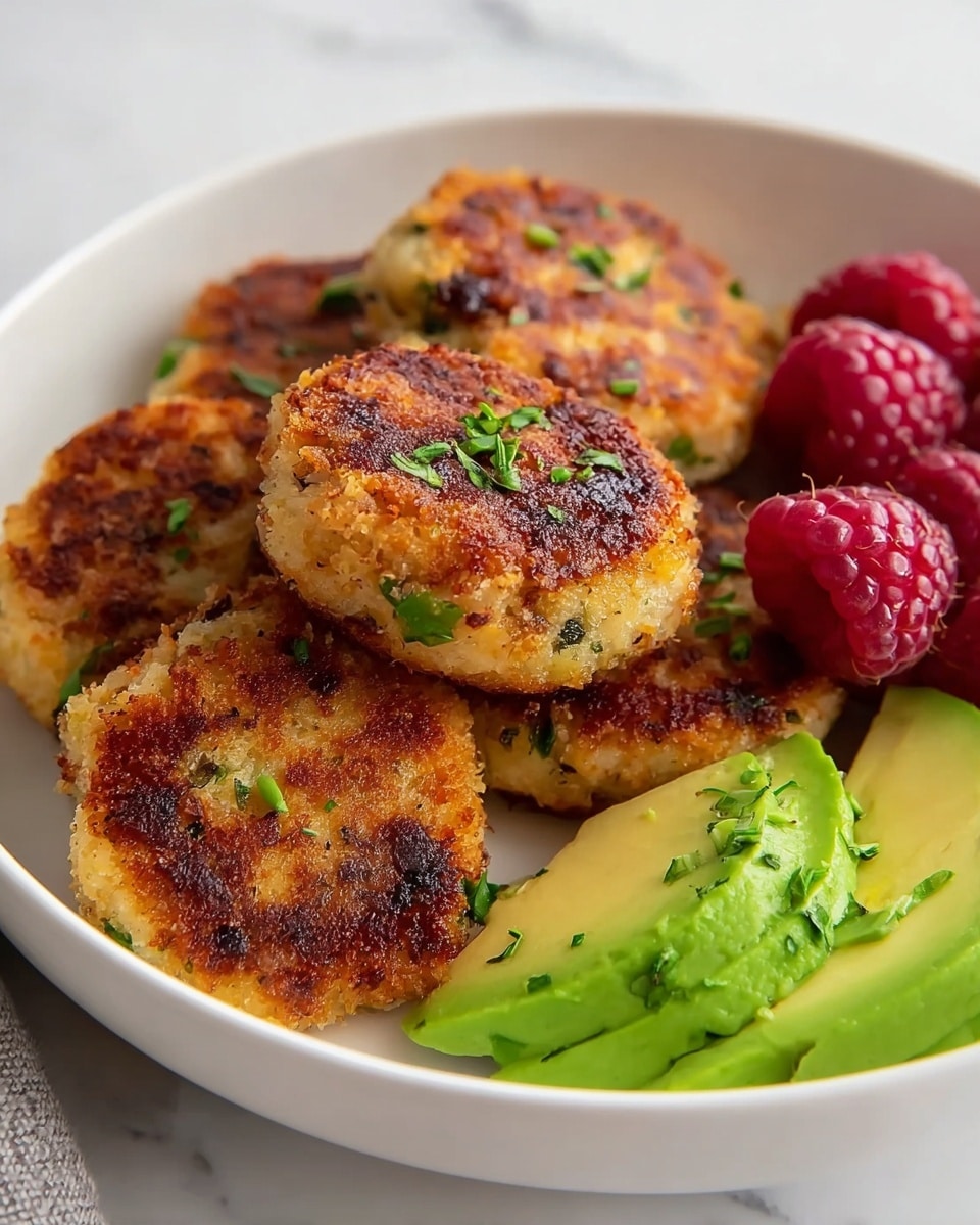 A white bowl filled with six golden-brown crispy patties that have small green herb pieces mixed in, showing a crunchy texture. The patties are stacked closely together with some overlapping. On the right side of the bowl, three fresh raspberries with a soft, bumpy surface add a pop of deep red color. Next to the raspberries, there are two slices of bright green avocado, garnished with chopped green herbs. The bowl sits on a white marbled surface, creating a clean and fresh look. Photo taken with an iphone --ar 4:5 --v 7