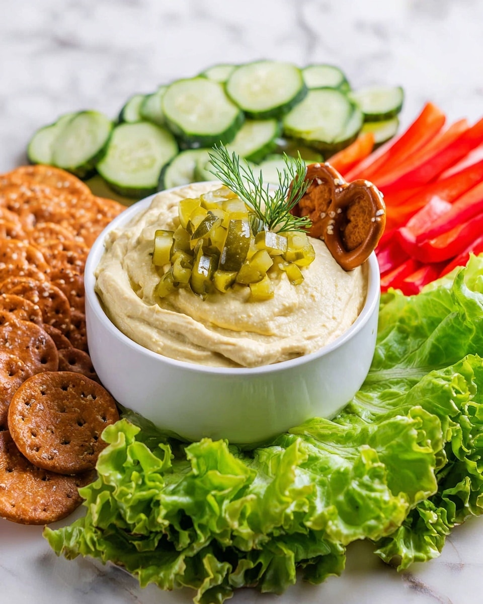 The image shows a white bowl filled with thick, creamy pale yellow hummus, topped with chopped green pickles, a small green dill sprig, and a single brown pretzel cracker stuck into the dip on the right side. The bowl sits on a spread of fresh green lettuce leaves that circle it. To the left of the bowl is a pile of golden-brown pretzel crackers, while to the right there are neatly arranged bright red bell pepper slices on more green lettuce. Behind the bowl, thinly sliced cucumber pieces fan out over more green lettuce, all placed on a white marbled surface. photo taken with an iphone --ar 4:5 --v 7