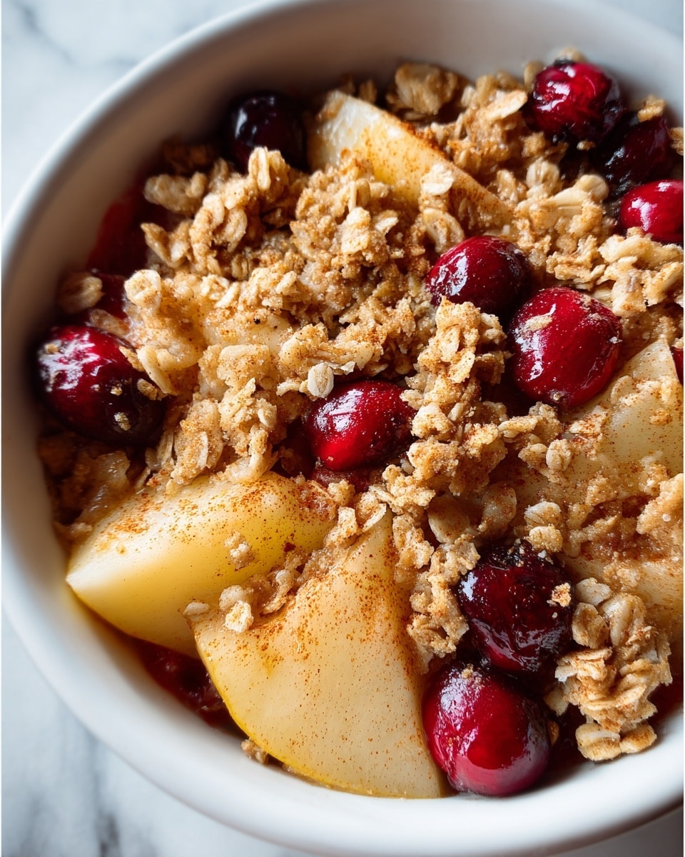 A close-up view of a white bowl filled with a mixed fruit crisp, showing three layers: the bottom layer has soft, light yellow cooked pear slices with a slightly shiny texture, the middle layer is made up of bright red whole cranberries that look plump and juicy, and the top layer is a golden-brown oat crumble with visible oats and small chunks, giving a crunchy texture on top. The bowl is set on a white marbled surface, enhancing the warm colors of the fruit and crisp. photo taken with an iphone --ar 4:5 --v 7