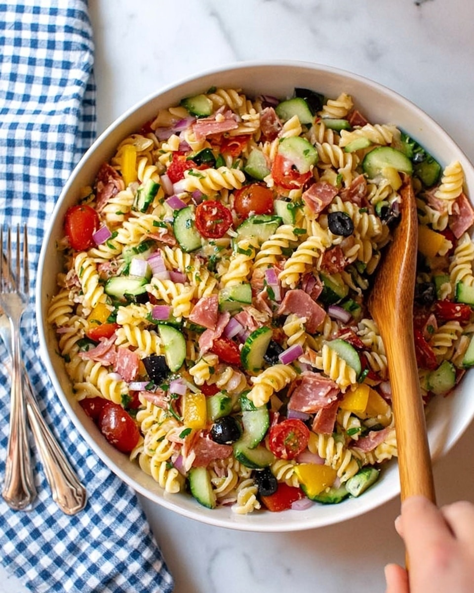 A large white bowl filled with a colorful pasta salad on a white marbled surface, showing one visible layer of small spiral rotini pasta mixed with diced cucumber, halved cherry tomatoes, black olive slices, chopped red onions, yellow bell peppers, and bits of pepperoni and ham. The textures range from smooth cucumber to soft pasta and slightly rough meat pieces. A wooden spoon is placed inside the bowl on the right side, and a woman's hand is about to reach for it. Nearby, a silver fork and knife rest on the surface next to a blue and white checked cloth napkin. Photo taken with an iphone --ar 4:5 --v 7