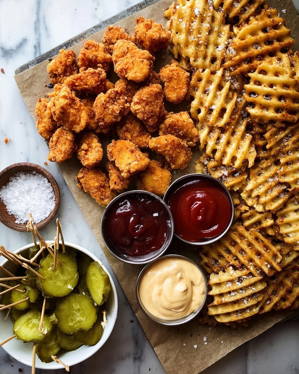 The image shows a large pile of golden brown crispy chicken nuggets on the left side, with crisscross waffle fries on the right, slightly browned at the edges and sprinkled with salt. Near the center, there are three small metal containers: one filled with dark red ketchup, one with a creamy beige dipping sauce, and a third smaller one holding coarse sea salt. At the bottom left corner, a white bowl contains bright green pickle slices pierced with wooden toothpicks. All the food is placed on a light brown paper over a darker base, set against a white marbled surface. photo taken with an iphone --ar 4:5 --v 7
