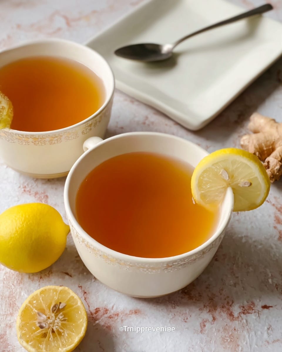Two white cups filled with light amber tea sit on a white marbled surface, each cup decorated with a subtle pattern near the base. One cup has a thin lemon slice partially resting on its rim, showing the lemon's pale yellow and slightly translucent texture. Near the bottom left, two small yellow lemons are placed, one whole and one cut in half revealing its seeds and juicy interior. In the background, there is a white square plate with a metal spoon resting on it and a piece of sliced ginger root on the right side. The overall feel is warm and inviting, with soft natural light illuminating the scene. photo taken with an iphone --ar 4:5 --v 7