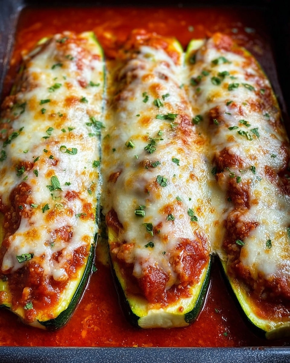 The image shows three zucchini boats cut in half lengthwise and placed side by side in a baking dish. Each zucchini boat has a dark green skin outer layer, filled with a chunky red tomato sauce layer, topped by a thick layer of melted cheese that is golden brown and bubbly, scattered with small chopped green herbs. The boats sit in a shallow pool of bright red tomato sauce in a dark baking pan. photo taken with an iphone --ar 4:5 --v 7