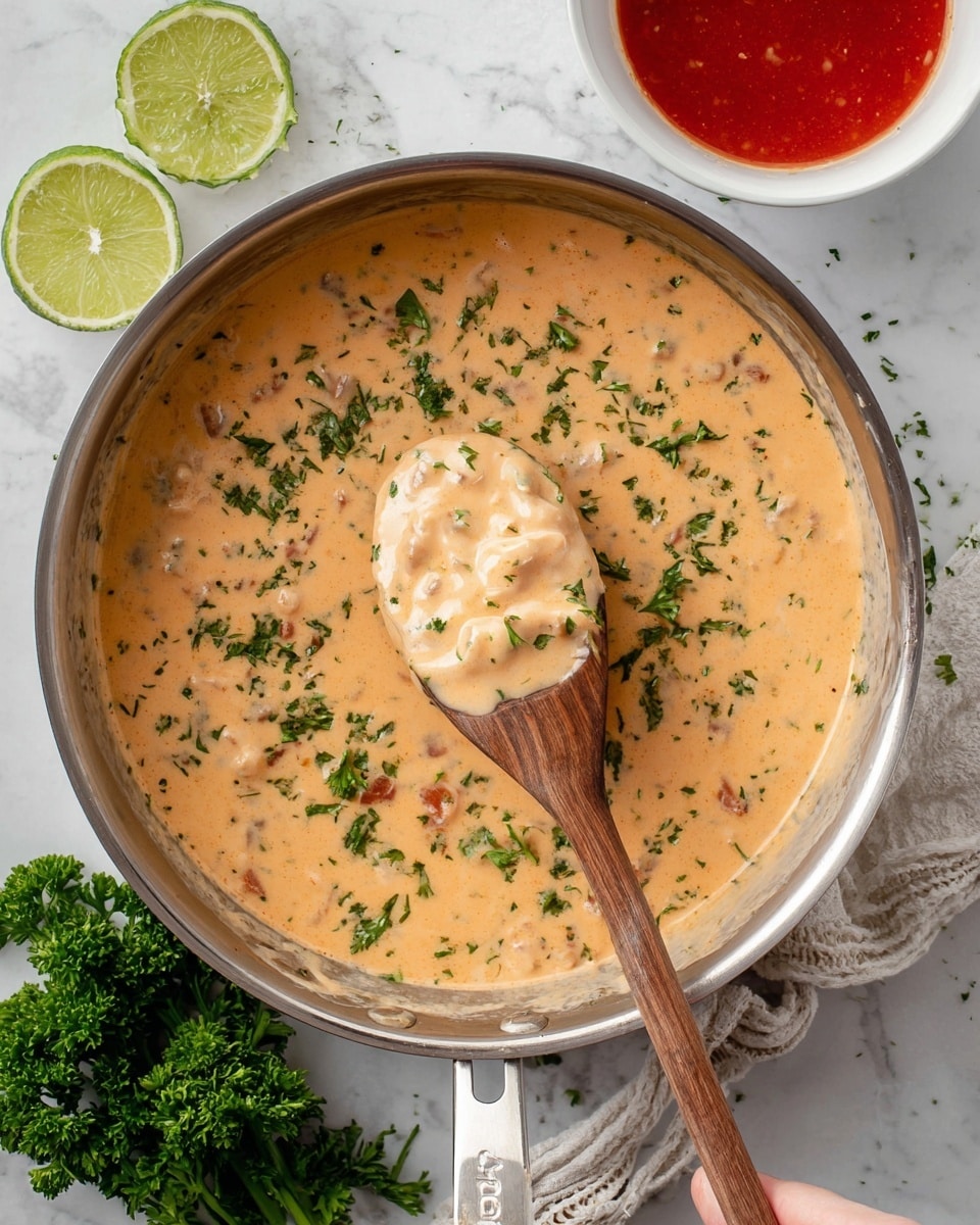 A shiny silver pan filled with a thick creamy sauce that is light orange with small bits of herbs and chunks throughout, sprinkled with fresh green parsley pieces on top. A wooden spoon held by a woman's hand lifts a portion of the sauce, showing its smooth and slightly chunky texture. The pan and spoon rest on a white marbled surface, near a white small bowl filled with bright red sauce at the upper right. To the bottom left, there are two halves of a green lime and a small bunch of fresh curly parsley. photo taken with an iphone --ar 4:5 --v 7